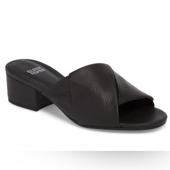 Eileen Fisher Shoes - Eileen Fisher Ruche Black Leather Open Toe Slide Sandals, Sz 7.5